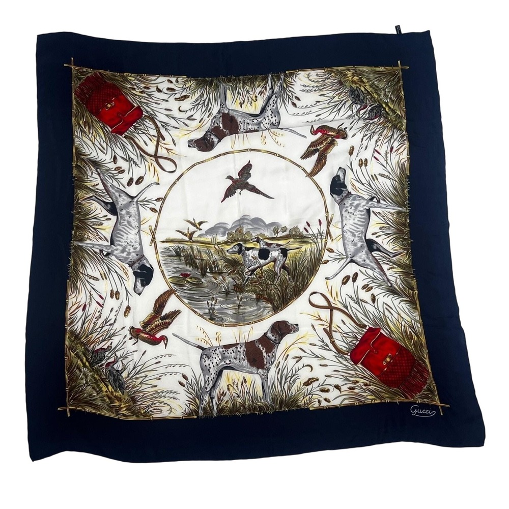Gucci Vintage Silk Scarf Hunting Dog Pointer Pheasant Navy Blue Made in Italy